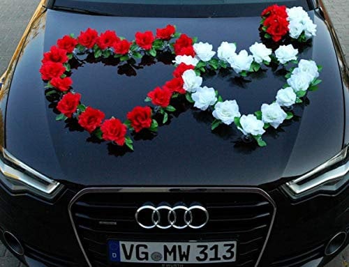 DOPPEL Herz Auto Schmuck Braut Paar Rose Deko Dekoration Autoschmuck Hochzeit Car Auto Wedding Deko Ratan (Rot/Reinweiß)