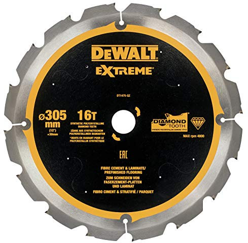 Dewalt Faserzement-Kreissägeblatt DT1474 (305/30 mm, 16 Zähne, 12°, speziell für Faserzement-Platten und Laminat entwickelte Kreissägeblätter) 1 Stück