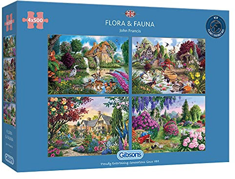 Flora & Fauna | 4 x 500 Piece Jigsaw Puzzles Age 8+ | Multi-Box Jigsaw | Sustainable Puzzle for Adults | Premium 100% Recycled Board | Great Gift for Adults | Gibsons Games