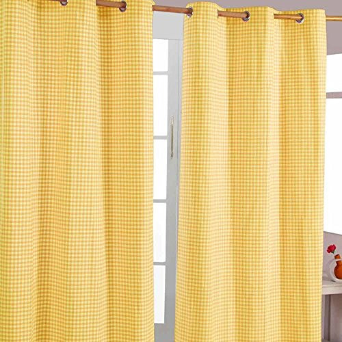 HOMESCAPES handgewobener Vorhang Ösenvorhang Dekoschal Gingham im 2er Set, 117 x 137 cm, 100% Reine Baumwolle, gelb weiß kariert