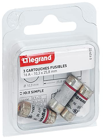 LEGRAND | 3 Cartouches Fusibles Avec Témoin, Fusible Cylindrique 16A, Lot De 3 Cartouches Normalisées, Pour Porte-Fusibles 10,3x25,8mm