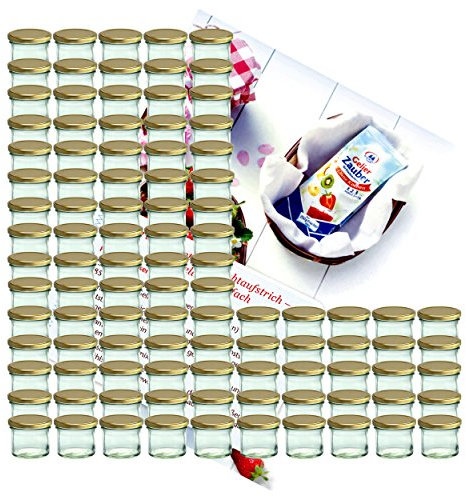 MamboCat Lot de 100 bocaux à confiture en verre de 125 ml avec couvercles dorés To 66 + livret de recettes Diamant-Zucker Gelierzauber (français non garanti)