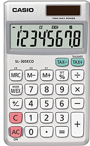CASIO Taschenrechner SL-305ECO, 8-stellig, umweltfreundlich, Steuerberechnung, Aluminiumfront, Solar-/Batteriebetrieb