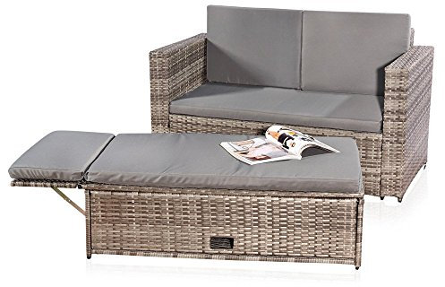 Melko Gartenset Polyrattan Lounge Sofa-Garnitur aus Holz in Grau mit klappbarer Fußbank & Stauraum, Tisch inklusive Kissen