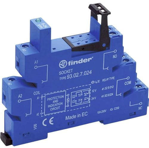 FINDER 93.02.7.024 10 AMPS, 12-24 VDC Supply, 250 VAC, 8-Way Jumper Link, DIN-Rail MOUNTING, Relay Socket, Screw Type Terminal