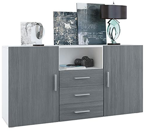 Vladon Sideboard Skadu, Kommode mit 2 Türen, 3 Schubladen und 1 offenem Fach, Weiß matt/Avola-Anthrazit (138,5 x 71,5 x 35 cm)