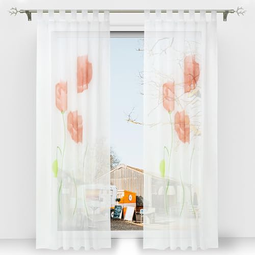 Thinkbay Floral Schlaufen Gardine Stoffdruck 1er-Pack Vorhang H*B 175 * 150cm Rot