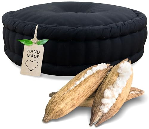 livasia Meditationskissen - Ø 45x15cm - Pouf einfarbig, Yogakissen mit Kapokfüllung, Bodenkissen Yoga und Zen Meditation, Sitzkissen für Garten und Balkon, Zafukissen handgefertigt (Schwarz Uni)