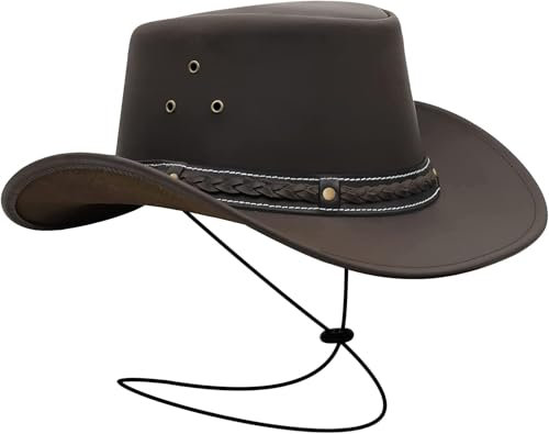 BRANDSLOCK Cowboy Hut für Herren und Frauen - Premium Leder Australischer Busch Hut - Leichter Western Hut - Formbarer Cowgirl Hut Mit Breiter Krempe - Party Kostüm Outfit für Reisen und Sonnenschutz