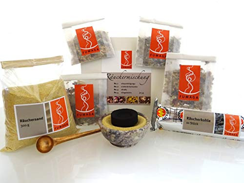 Fumaga - hochwertiges Räucherset 8- teilig mit Speckstein Schale Ø 6,5 cm inkl. Räucheranleitung