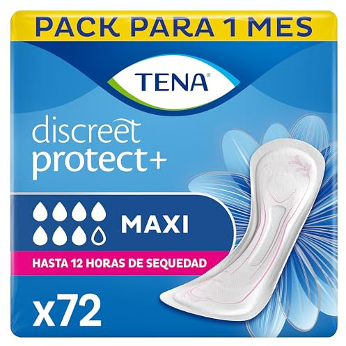 TENA Discreet Maxi x72 - Compresas Muy Absorbentes para Incontinencia y Pérdidas de Orina abundante - Hasta 12 Horas de Sequedad - 6 Paquete con 12 Bolsitas Individuales