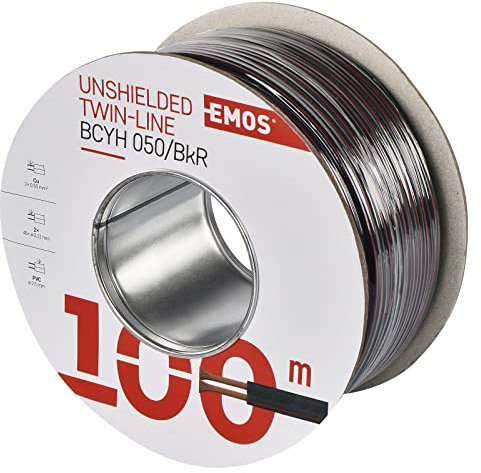 EMOS Câble en cuivre 2 x 0,5 mm² - 100 m - Double fil en cuivre pur pour basse tension - Noir avec marquage polarité