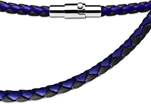 BlackAmazement Leder Kette Band Halskette geflochten rosa weiß schwarz pink Magnetverschluss (Schwarz-Blau)