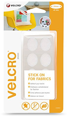 VELCRO Brand Stick On Ovals for Fabrics Cut-to-Length Strong Hook & Loop Self Adhesive Ovals Perfect for Crafting, Clothing Repairs & Hemming White 24mm Set of 8