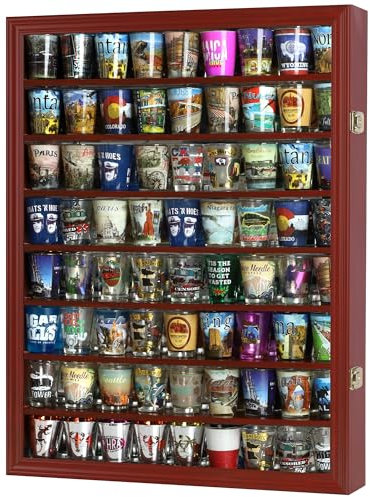 Large 72 Shot Glass Display Case Cabinet Rack Holder-Glass Door, Mirror Back-(SC13-CHE)