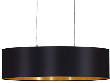 EGLO Pendellampe Maserlo, 2 flammige Textil Pendelleuchte, Hängeleuchte oval aus Stahl und Stoff, Farbe: Nickel matt, schwarz, gold, Fassung: E27, L: 78 cm