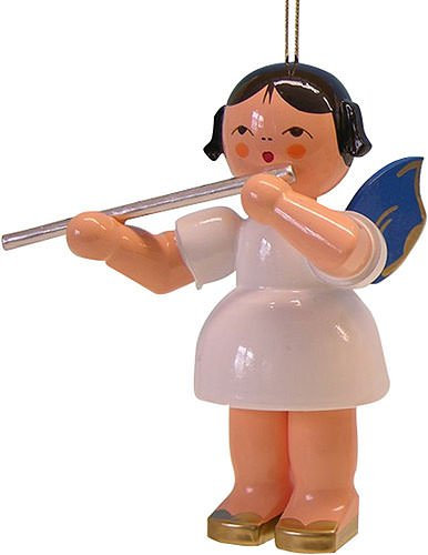 Unbekannt Engel hängend mit Querflöte 90mm, Blaue Flügel - 199/249/15B