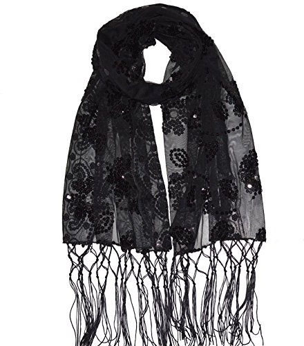 Schal Tuch Pareo Schleier Stola Tüll Pailletten Glänzend Hochzeit Party Tanz Schultertuch (Schwarz)