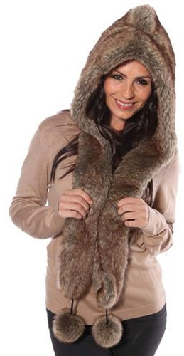 Womens Faux Fur Hooded Scarf with Pom Poms Winter Thermal Hat