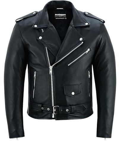 Bohmberg Giacca in pelle da uomo Giacca da motociclista Highway Marlon Brando Giacca da moto - Giacca da turismo in vera pelle pieno fiore Nero - M