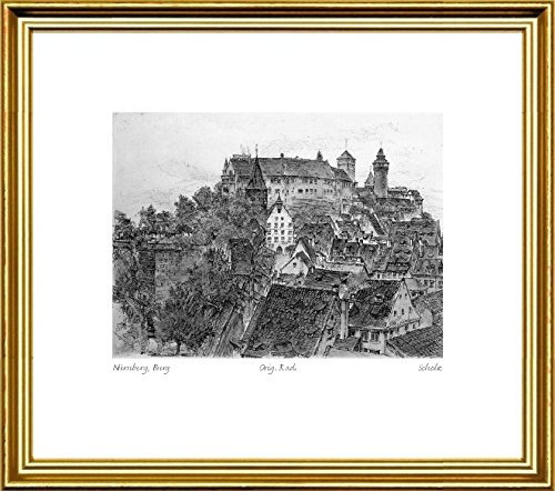 Kunstverlag Christoph Falk Einfarbige Radierung Nürnberg, Burg im Rahmen Goldkehle