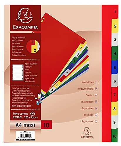 Exacompta 84E Kunststoff-Register 1-10 für DIN A4 MAXI aus langlebigem Kunststoff 10-teilig volle Höhe 24 x 29,7 cm weiß mit bedruckten, bunten Taben Universallochung Indexseite zum selbstgestalten