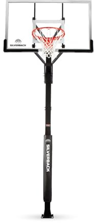 Silverback 60 Height Adjustable In-Ground Basketball Hoop with Tempered Glass Backboard, Pro-Style Breakaway Rim, Pole and Backboard Pad, Black-White