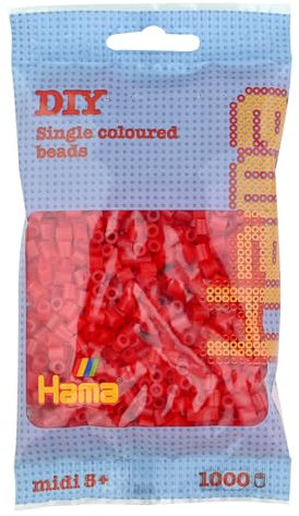 Hama Bügelperlen HA20713, Bügelperlen midi Beutel 1.000 Stück trsp. rot, beliebteste Größe im HAMA-Programm, für Kinder ab 5 Jahren, für Kinder ungefährlich, Falls sie verschluckt Werden 207-13