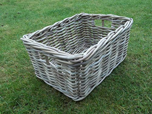 Holzkorb, Regalkorb Kaminkorb, Erntekorb aus Rattan, beige-grau, ca. 30 x 41 x 20