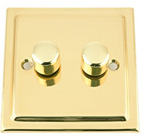 A5 Mains LED Light Dimmer Switch 250W 2 Gang - Victorian - Polished Brass - Push On/Off 2 Way