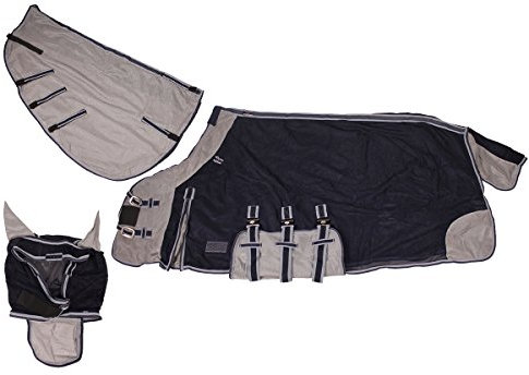 QHP Fliegendecke mit Hals und Hut 3 Bauchgurte, Frontverschluss, Schweiflatz (145 cm, Blau)