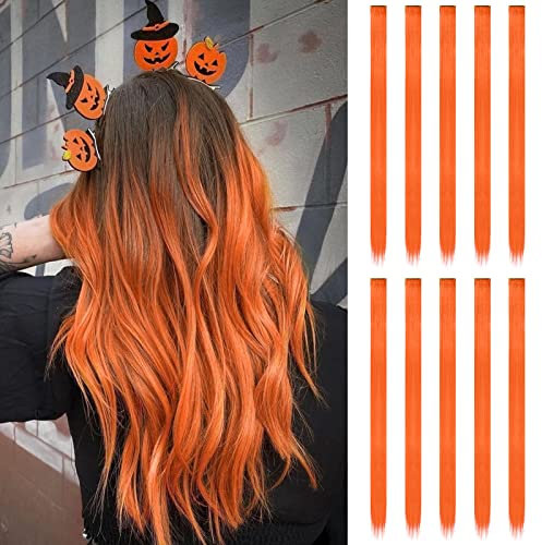 FESHFEN Orange Extension de Cheveux Colorés, Couleur Extensions de Cheveux 10 PCS Naturel Synthétique colorés Postiche Cheveux Long Raides Extensions de Cheveux pour Femmes 55 cm