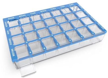 EZY DOSE Weekly (7-Day) Pill Case, Medicine Planner, Vitamin Organiser Box, Small Compartments with Easy Fill Tray, 4 Times a Day, Clear Lids, Colour May Vary, BPA Free