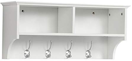 Yaheetech Wooden Hallway Wall Coat Hook with 2 Open Storage Shelves Wall Mounted Coat Hooks Storage Unit with 4 Double Hooks Hallway Organiser, 60x20x27cm, White
