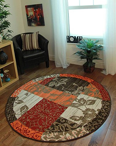 The Rug House Milan Traditioneller Rund Kreis Teppich mit Patchwork-Muster für das Wohnzimmer in Braun, Rot, Orange, Beigen & Crème 160cm Durchmesser