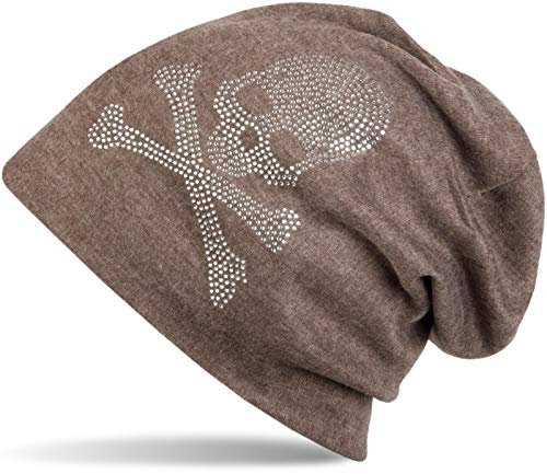 styleBREAKER Klassische Beanie Mütze mit Totenkopf Strass Applikation, Unisex 04024034, Farbe:Braun meliert, Materialart:warm