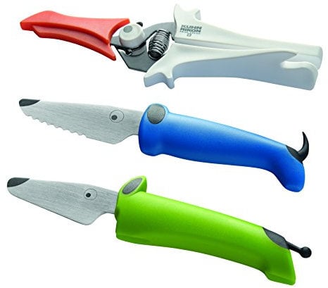 Kuhn Rikon Kinderkitchen Set, Bleu Chien sans Dents 1x Ciseaux avec protège-Lame, Couteau pour Enfants à partir de 3 Ans, 3 pièces, Plastique, Blanc, Blue et Vert, 26 x 19,5 x 4 cm