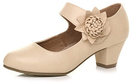 AJVANI mid Chunky Heel Mary Jane Flower Padded Comfort Shoes Size 8 41 Nude Beige