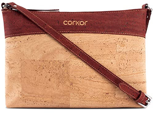 Corkor Vegane Umhängetasche Damen Geldbeutel Schultertaschen Handtasche Schulter Natur-Leder Natur Korkleder Rot