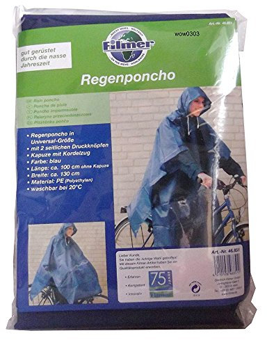 Filmer Regenponcho wiederverwendbar mit Kapuze blau - Unisex für Herren und Damen - 100 cm lang, 130 cm breit
