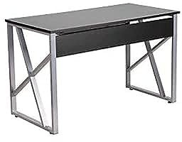 Flash Muebles Escritorio de Ordenador con Bandeja de Teclado extraíble, Metal, Negro Laminado Superior/Marco Plateado, 125.73 X 66,04 x 13,34 cm