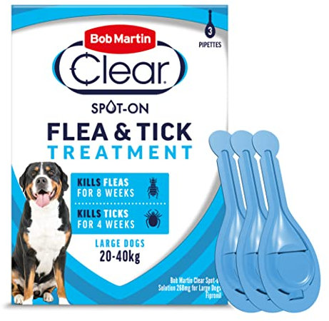 Bob Martin Clear Spot On Flea Treatment for Large Dogs (20-40kg) - Kills Fleas & Ticks (3 Pipettes)