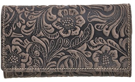 Jockey Club Feminine Damen Geldbörse mit RFID Schutz, geprägtes Vollrindleder Florale Motive, Ranken und Blüten