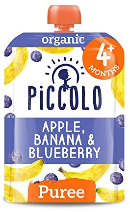 Piccolo Organic - Baby Food - Baby Food 4 Months+ Apple, Banana & Blueberry Puree – Pack of 5 x 100g – Stage 1 Baby Food Pouches - Gluten Free & Dairy Free