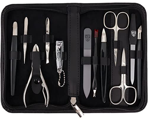 Drei Schwerter - 12-tlg. Nagel Set 'Palermo' | Hochwertiges Maniküre und Pediküre Reise-Etui-Set: Echt Leder Schwarz | Inhalt: 12 Instrumente inkl. Nagelschere, Nagelknipser, Glasfeile etc.