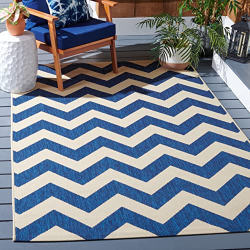 SAFAVIEH Washable Rug Outdoor Courtyard Collection - 5'3 Square, Navy & Beige, Non-Shedding & Easy Cleaning, Ideal for Patio, Backyard, Mudroom (CY6244-268)