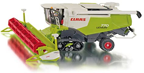 siku 4258 – Moissonneuse-batteuse multifonctions Claas Lexion, 1:32, Vert, Métal/Plastique,, Faucheuse amovible avec remorque assortie