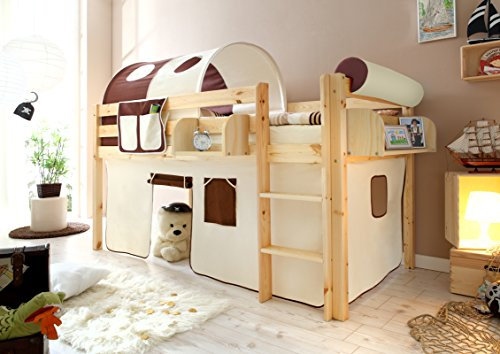 TiCAA Hochbett, Kinderbett Spielbett mit Treppe aus Kiefer Massivholz Bettgestell 90 x 200