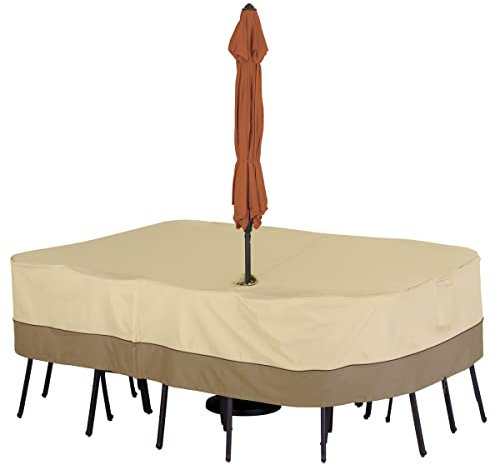 Classic Accessories Veranda-Abdeckung für rechteckige/ovale Gartentisch- und Stuhlgarnitur mit Sonnenschirmöffnung, mittelgroß (M) Beige 228.6 x 152.4 x 60.96 cm