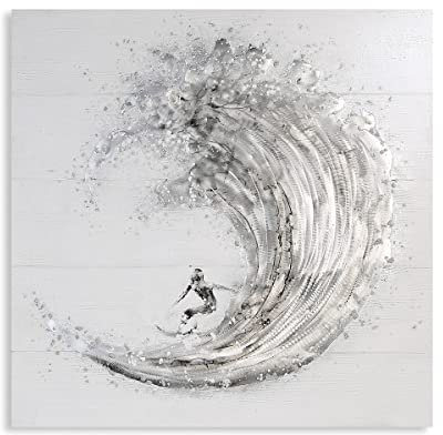 Casablanca - Bild Surfer Leinwand weiß/grau/silberfarben Wellenreiter Aluminium Applikationen auf Holzplanken gearbeitet